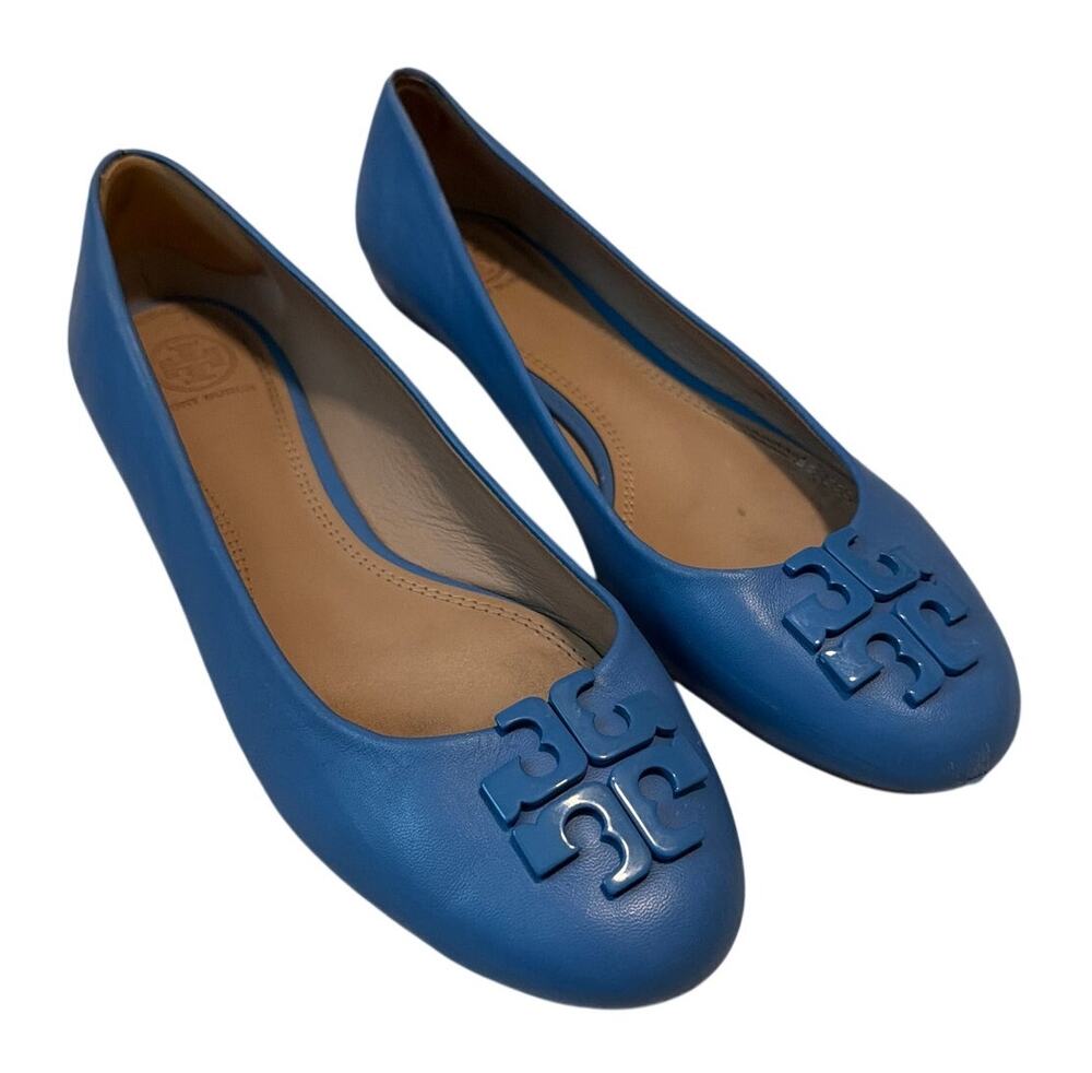 Tory Burch Blue Leather Ballet Flats Size 9.5 Tonal Logo Round Toe Claire Lowell